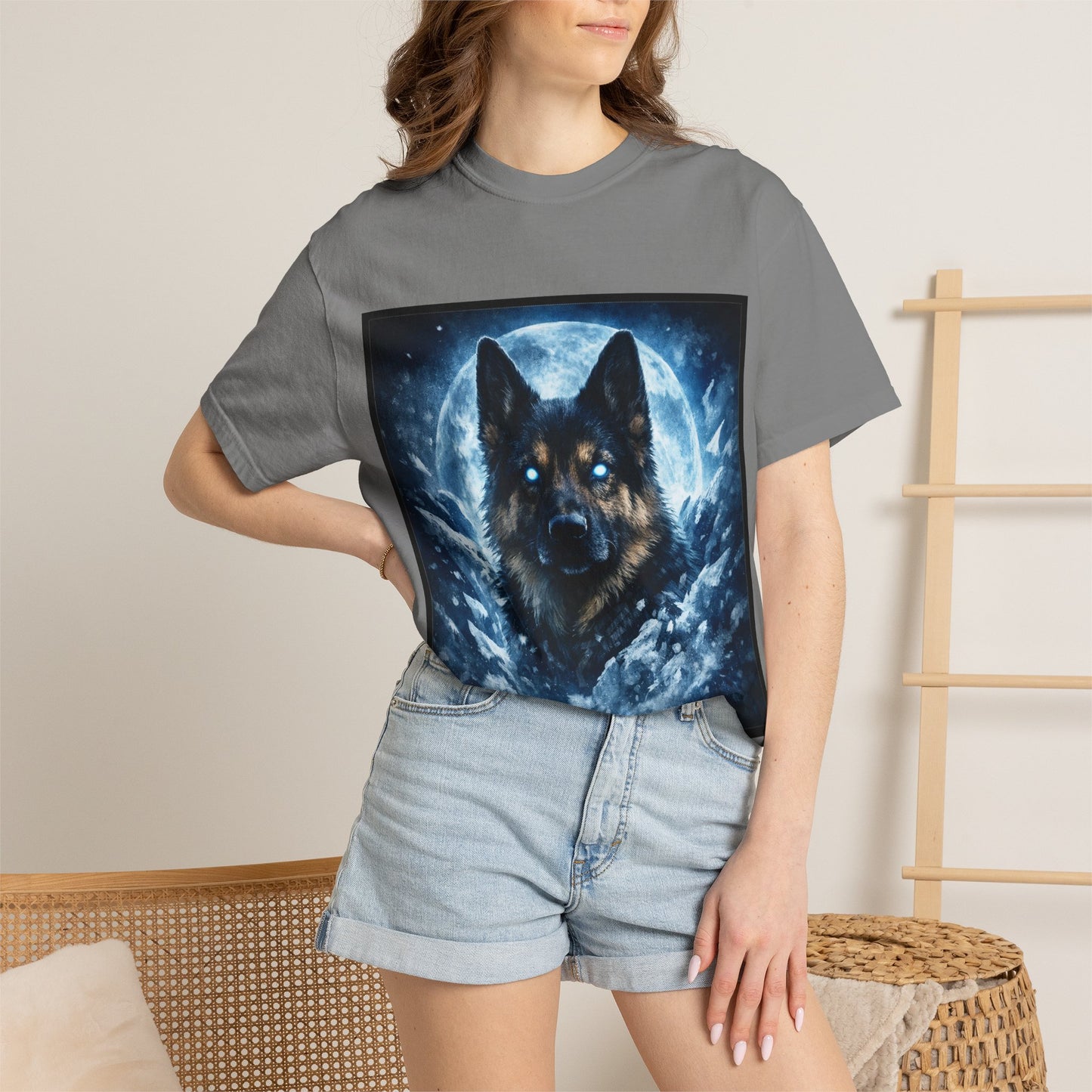 Mystic German Shepherd Moon T-shirt | Glowing Blue German Shepherd Portrait