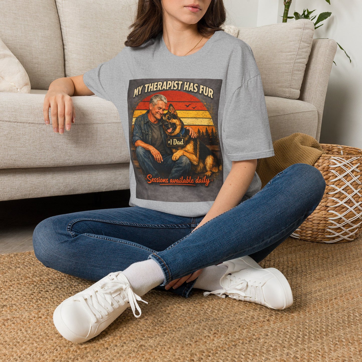 My Therapist Has Fur T-Shirt | Dog Dad Retro Sunset Design