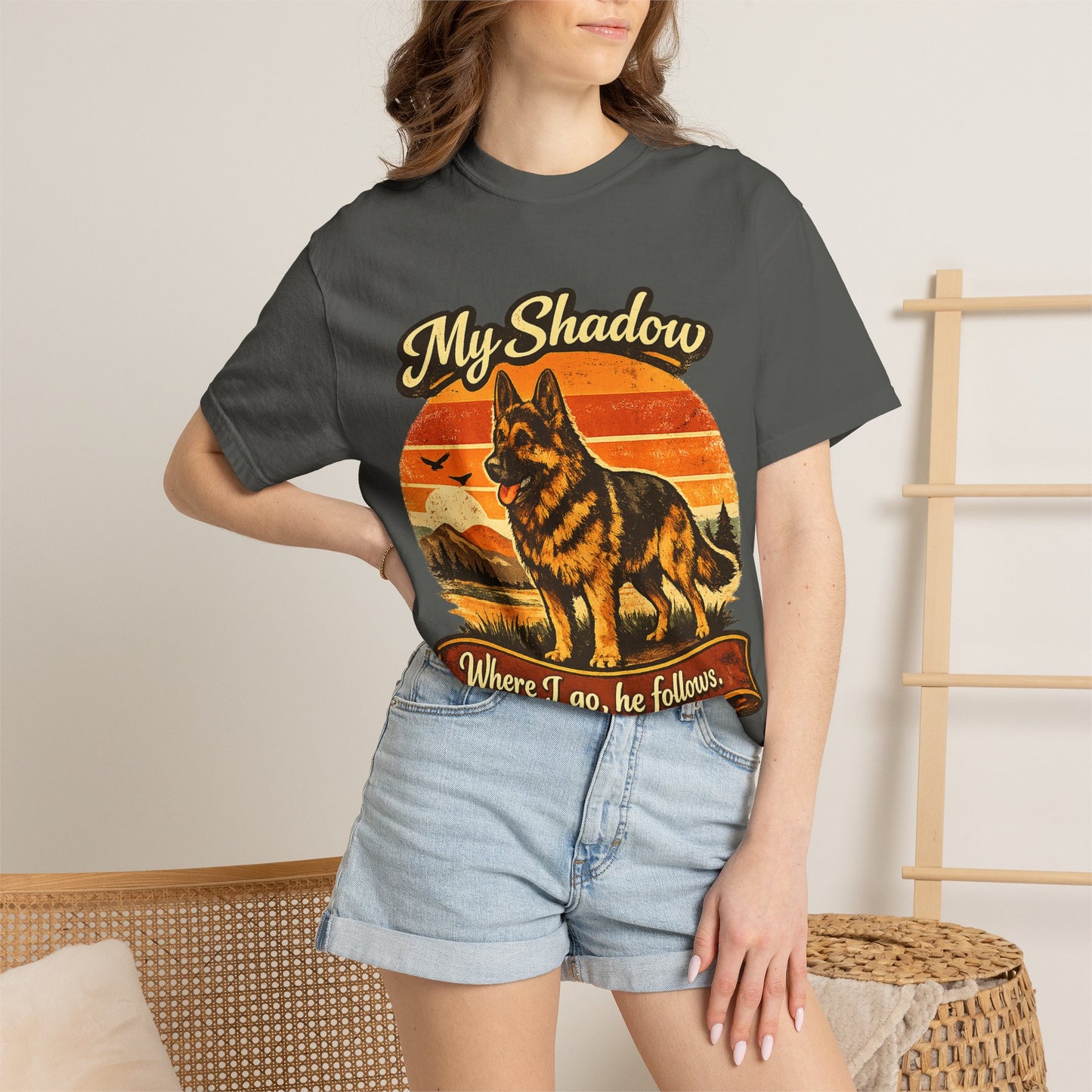 German Shepherd 'My Shadow' Vintage Sunset T-Shirt | Dog Lover Tee