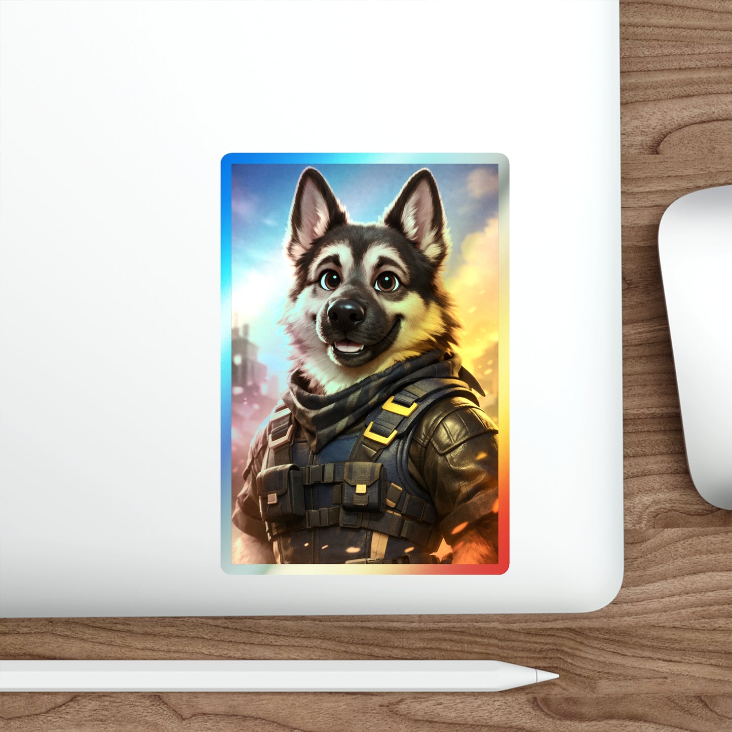 German Shepherd Tactical Hero Holographic Die‑Cut Sticker – Durable Vinyl Dog Lover Decal