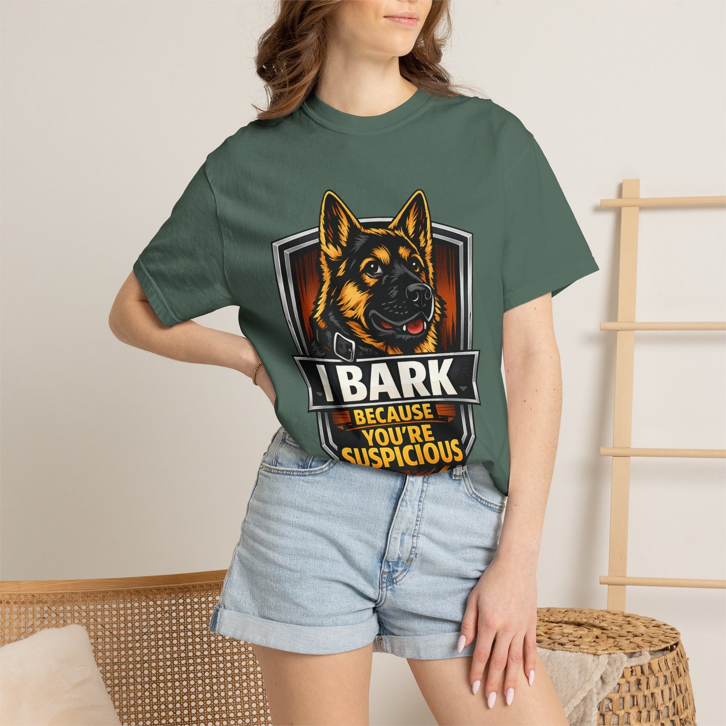 Dog Lover T‑Shirt — “I Bark Because You’re Suspicious” German Shepherd Tee