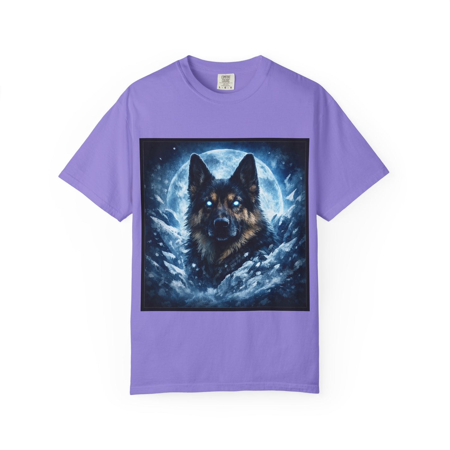 Mystic German Shepherd Moon T-shirt | Glowing Blue German Shepherd Portrait