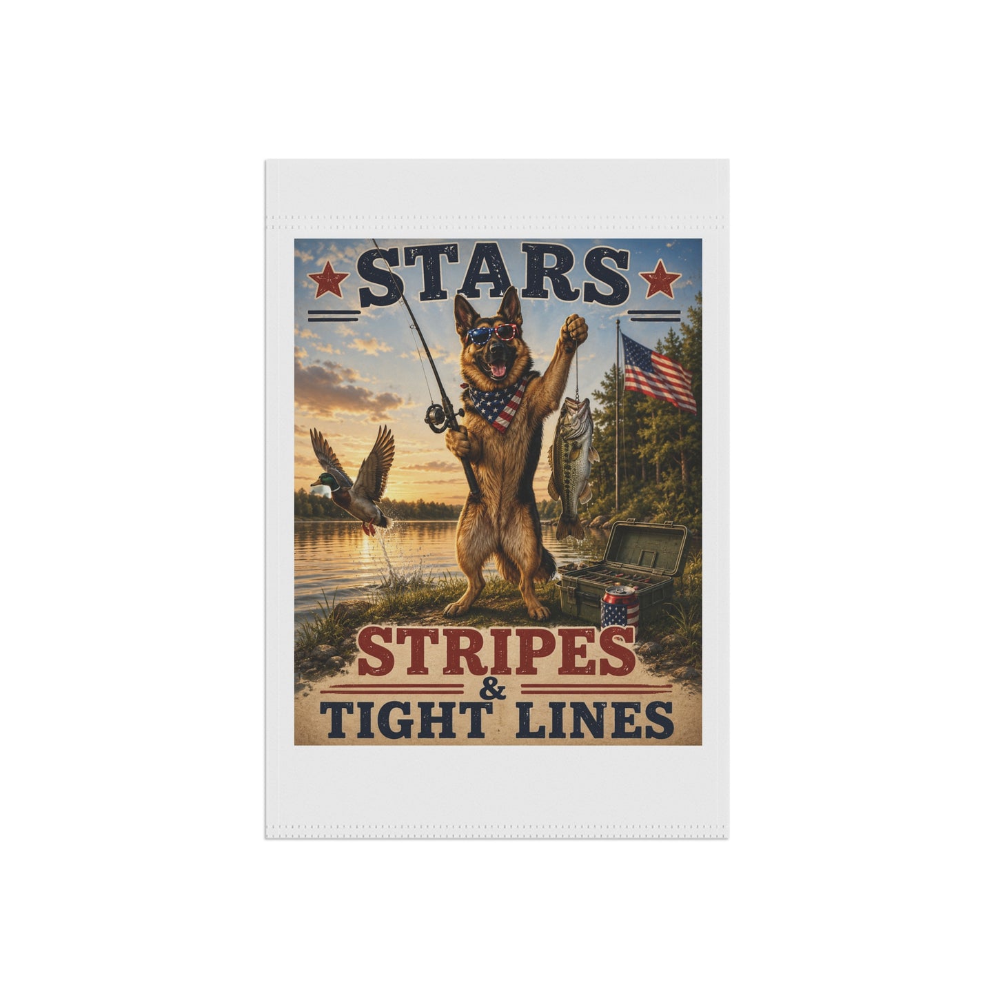 Patriotic German Shepherd Fishing Garden Flag - "Stars, Stripes & Tight Lines"