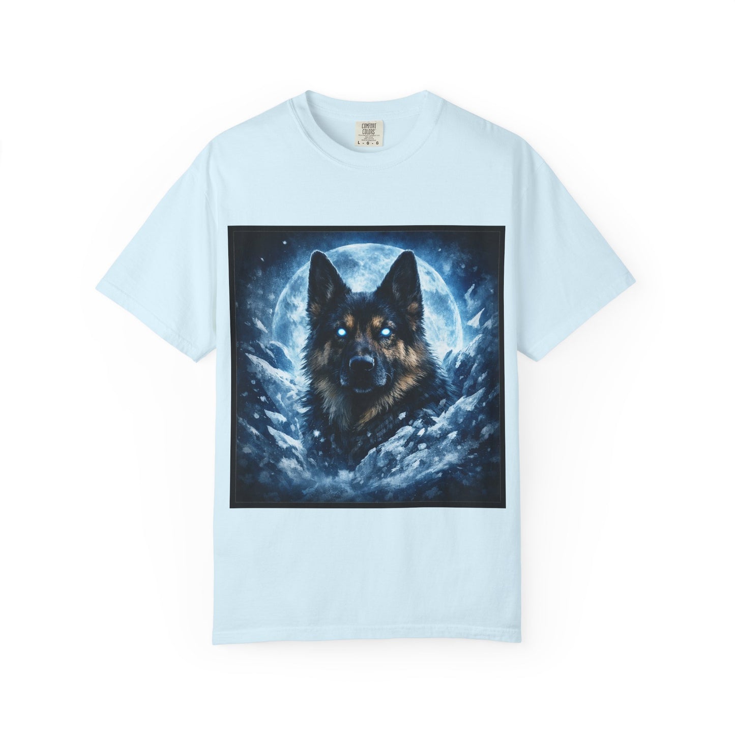 Mystic German Shepherd Moon T-shirt | Glowing Blue German Shepherd Portrait