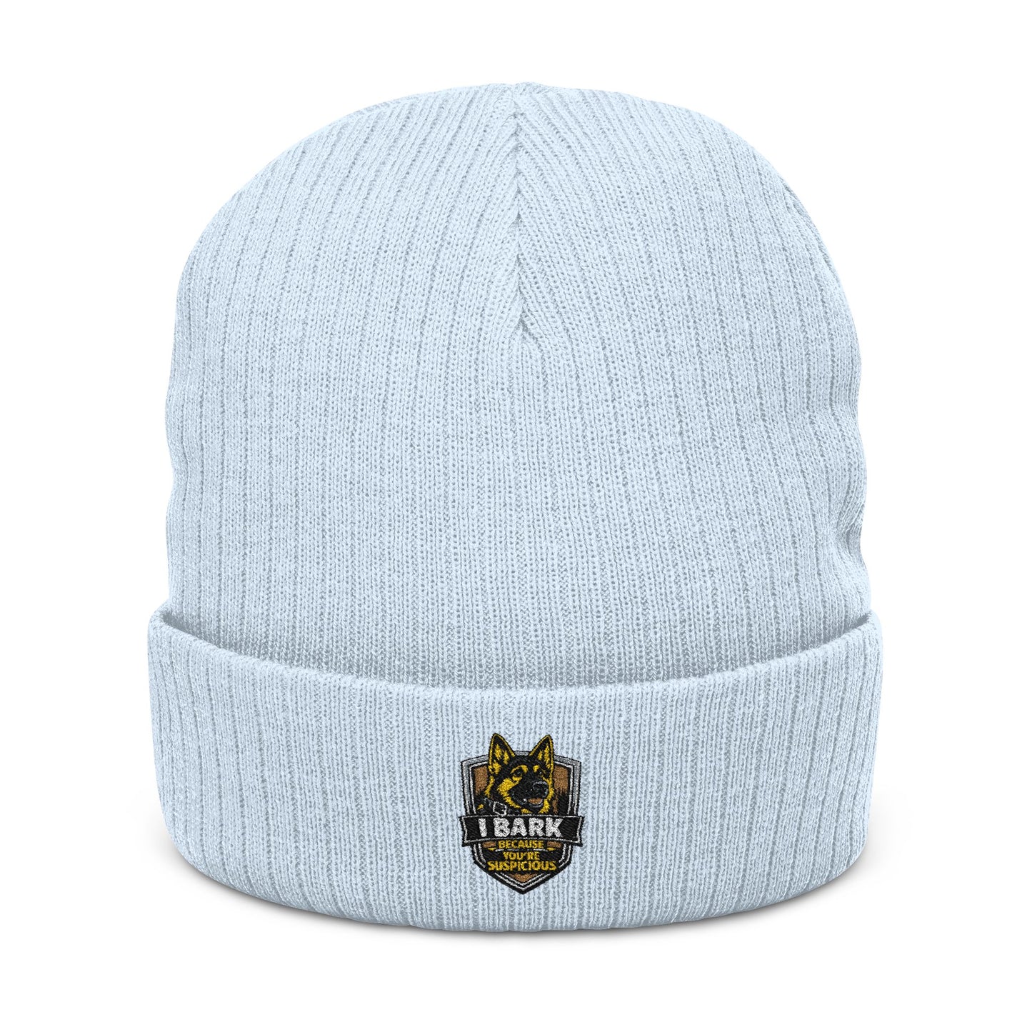Embroidered Ribbed Knit Beanie — Vintage Crest Patch Winter Hat