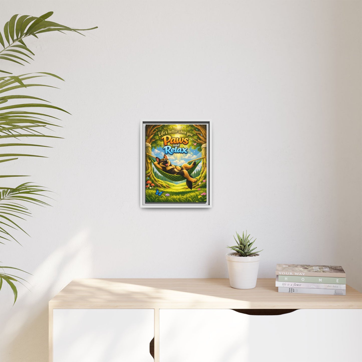 German Shepherd Wall Art – "Life's Better When You Paws and Relax" Framed Canvas Print