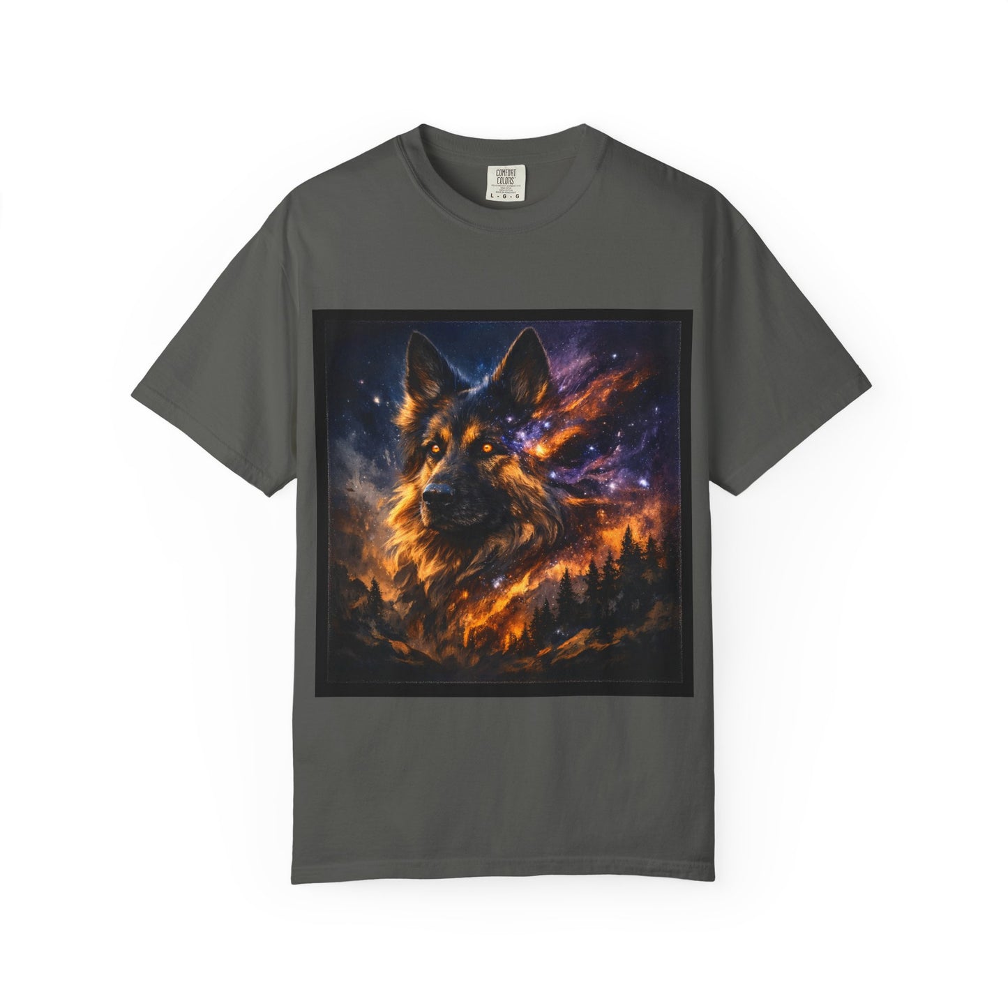 Cosmic German Shepherd Blaze T-Shirt | Galaxy fire Animal Artwork