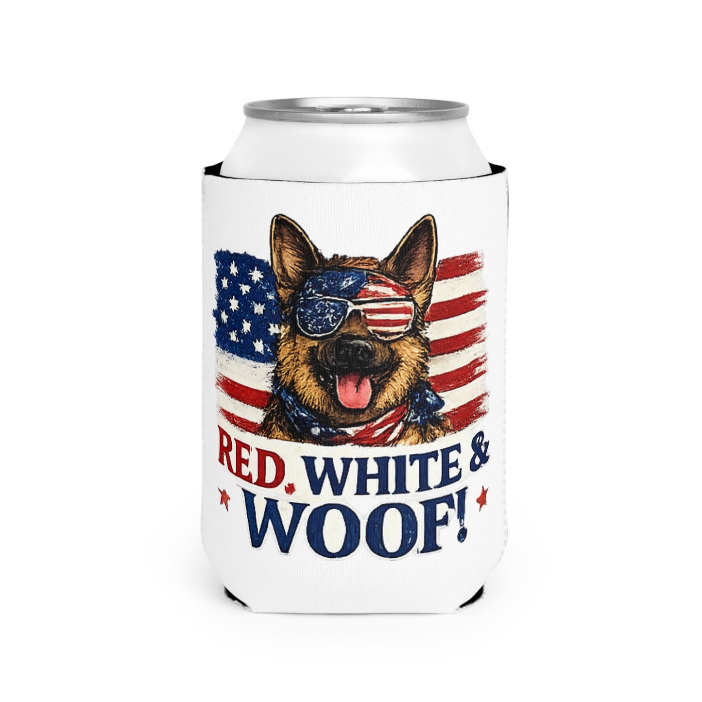 Red, White & Woof! German Shepherd Can Cooler Sleeve | Patriotic Dog Beer Koozie
