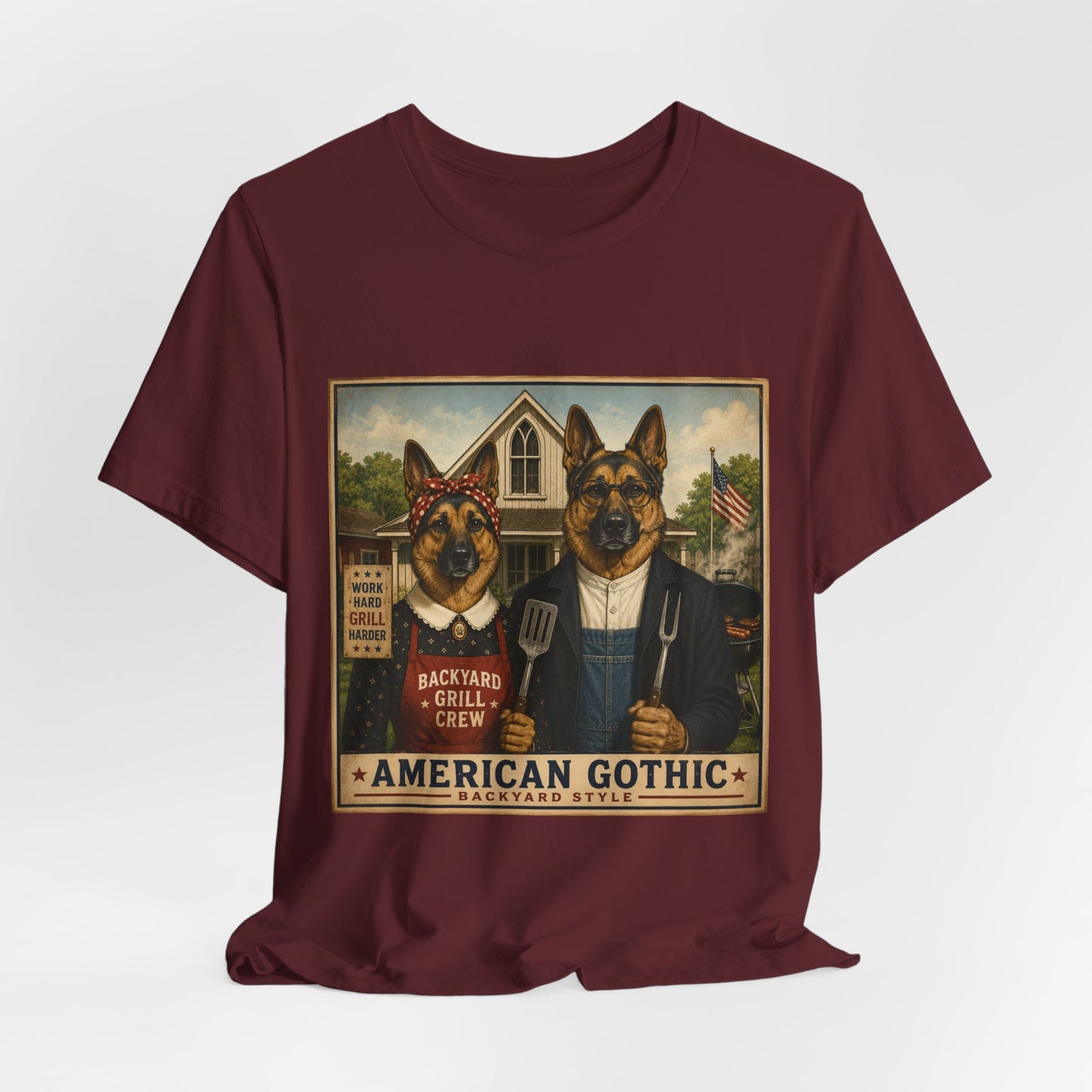 American Gothic – Backyard Style | German Shepherd BBQ T-Shirt