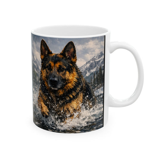 German Shepherd Running Through Water Mug – Action Dog Lover Coffee Cup | Dynamic Shepherd Artwork | Ceramic Mug 11oz/15oz