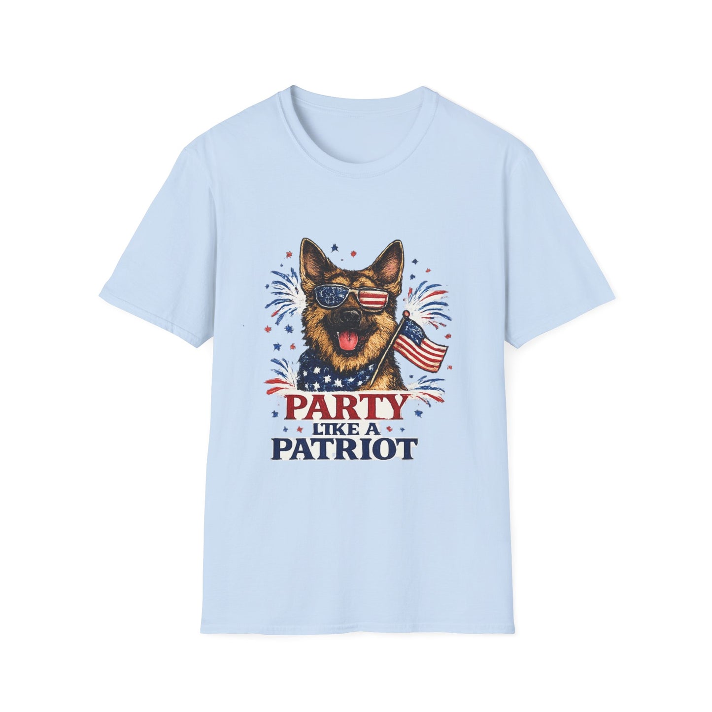 Patriotic German Shepherd Graphic T-Shirt | American Flag Sunglasses, Fireworks