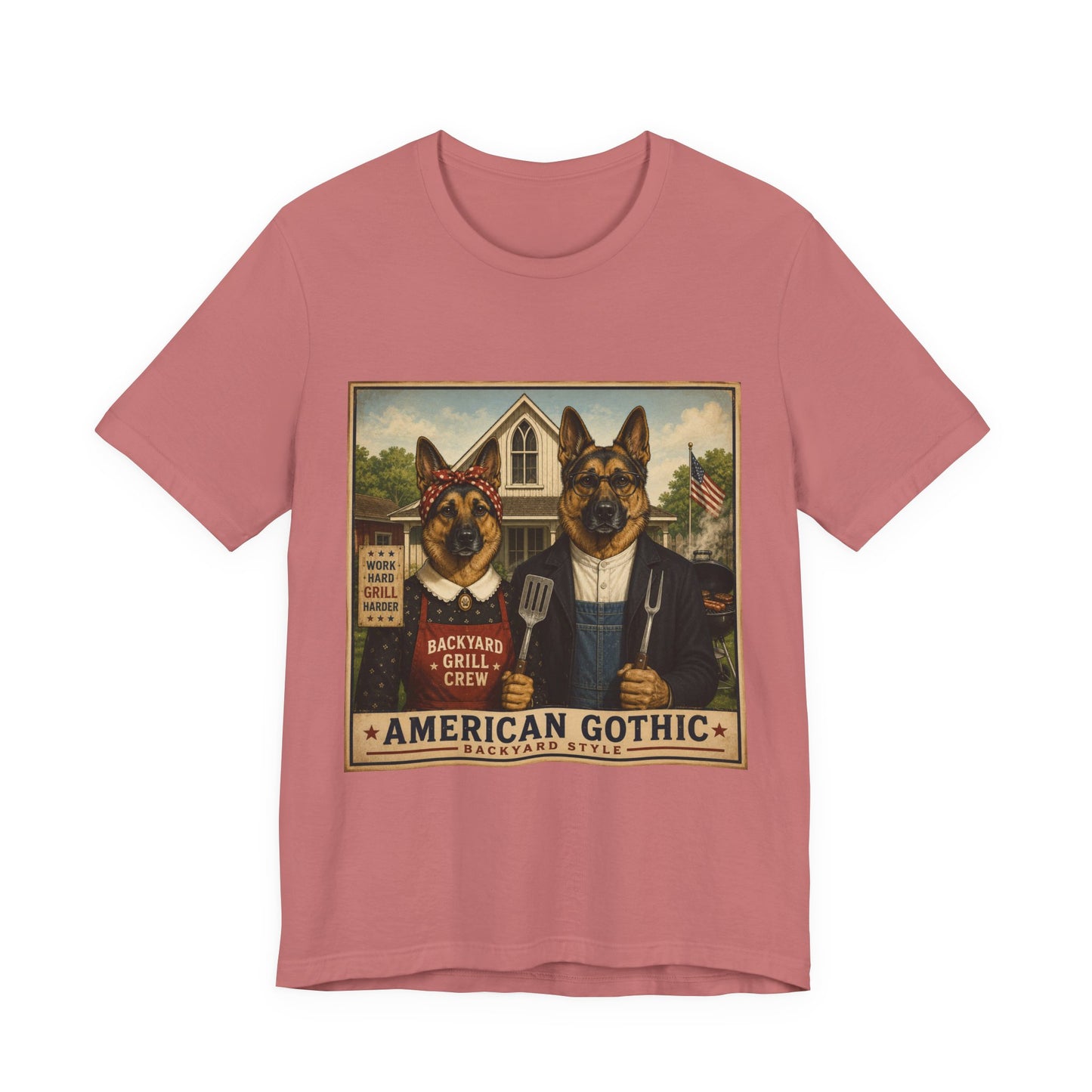 American Gothic – Backyard Style | German Shepherd BBQ T-Shirt