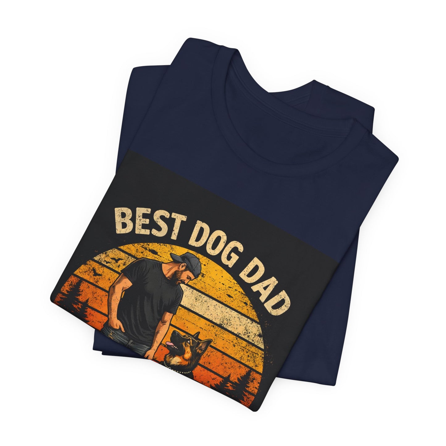 Best Dog Dad by My Side T‑Shirt — “By My Side” German Shepherd Father’s Day Gift Tee | Vintage Sunset Dog Lover Design | Bella Canvas 3001