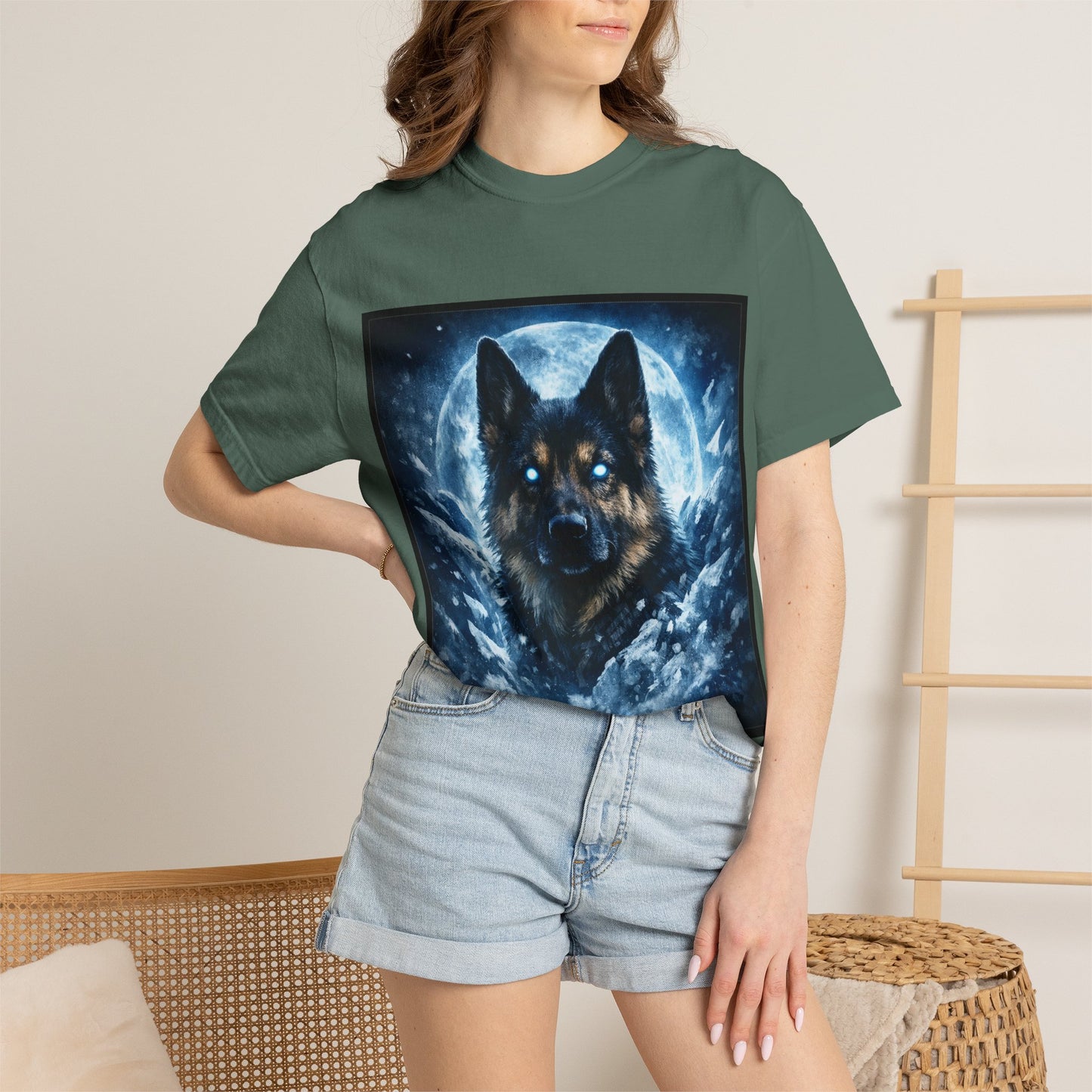 Mystic German Shepherd Moon T-shirt | Glowing Blue German Shepherd Portrait