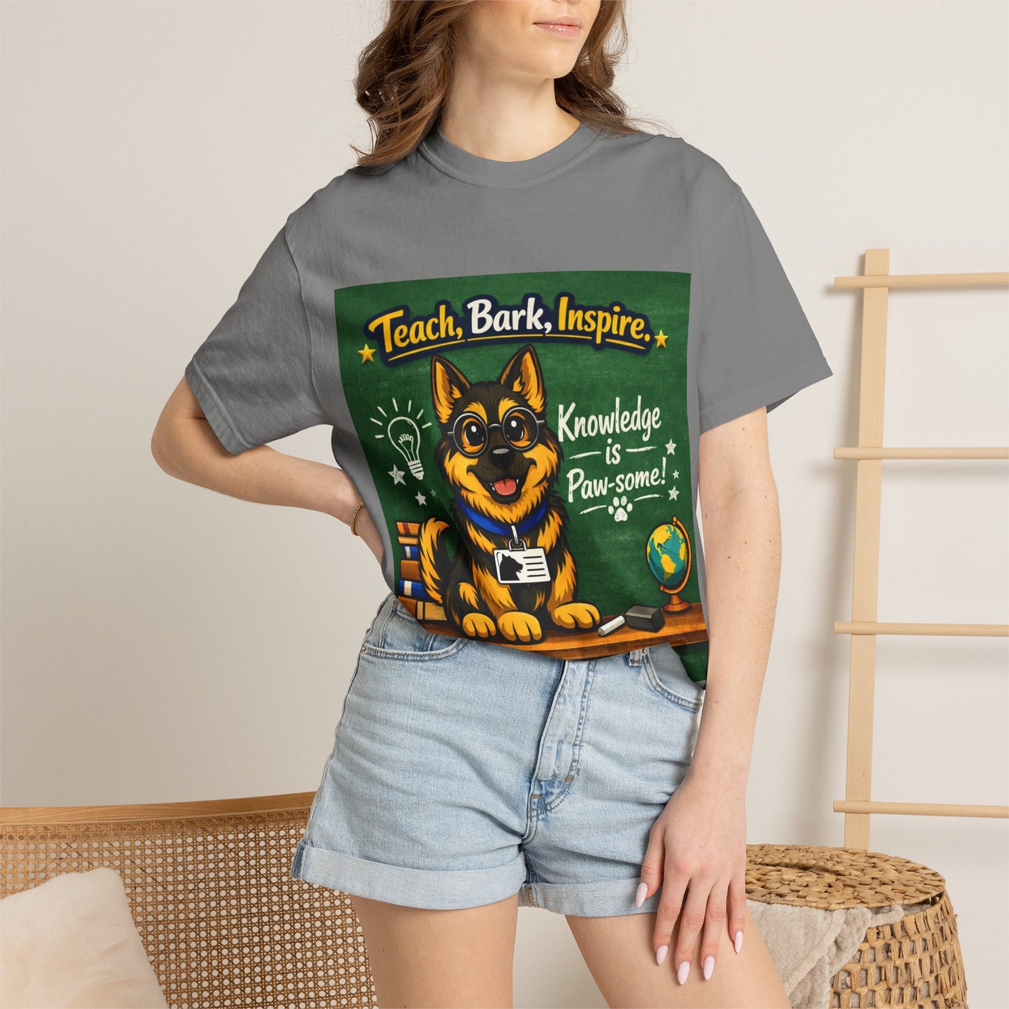 Teach Bark Inspire German Shepherd T‑Shirt – Knowledge Is Paw‑some Teacher Tee | Classroom Dog Lover Shirt | Bella Canvas 3001