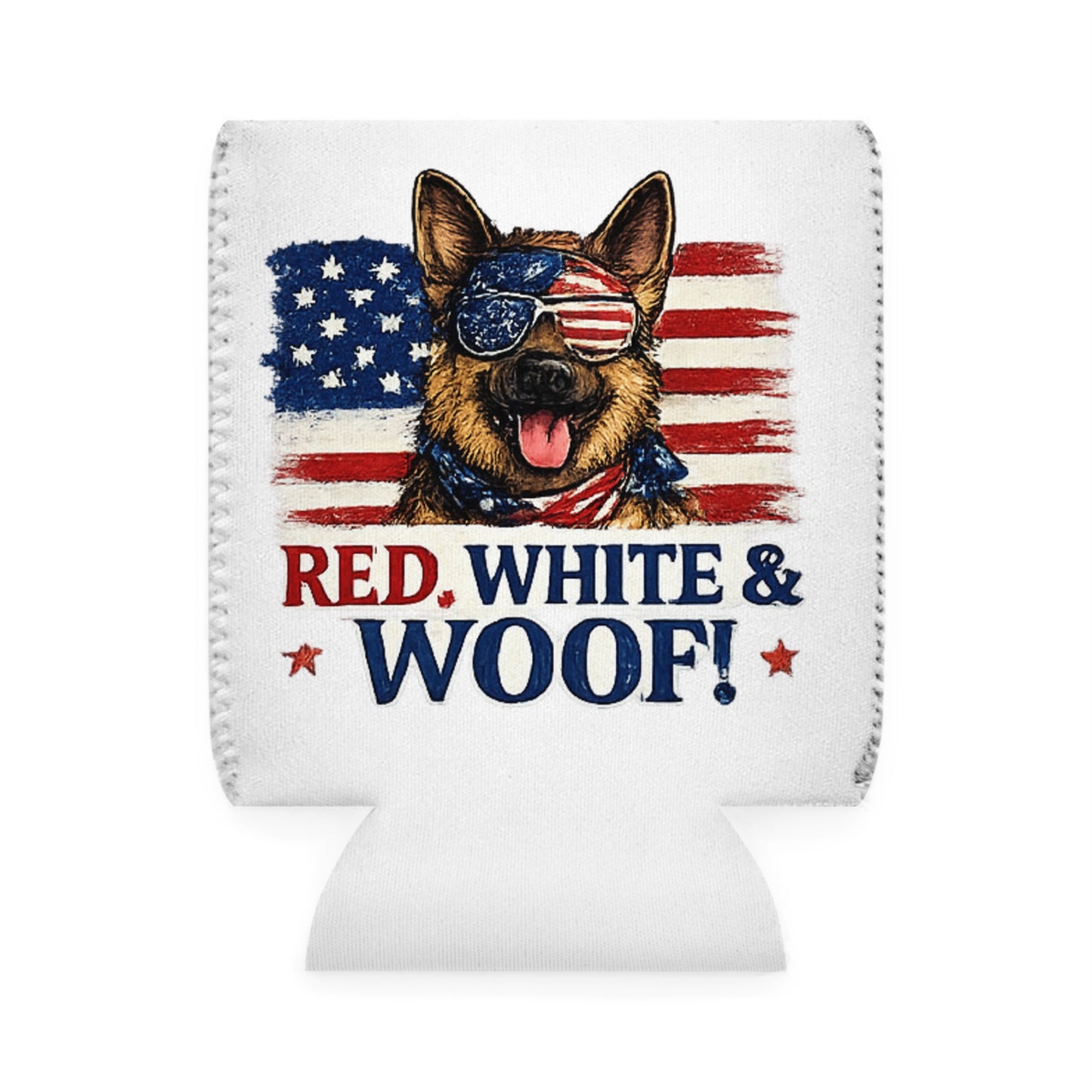 Red, White & Woof! German Shepherd Can Cooler Sleeve | Patriotic Dog Beer Koozie