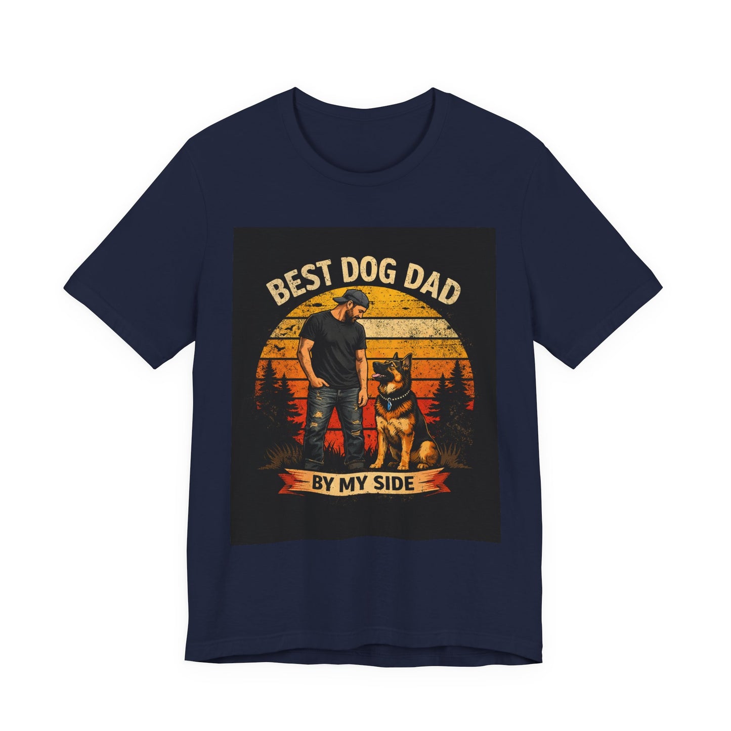 Best Dog Dad by My Side T‑Shirt — “By My Side” German Shepherd Father’s Day Gift Tee | Vintage Sunset Dog Lover Design | Bella Canvas 3001