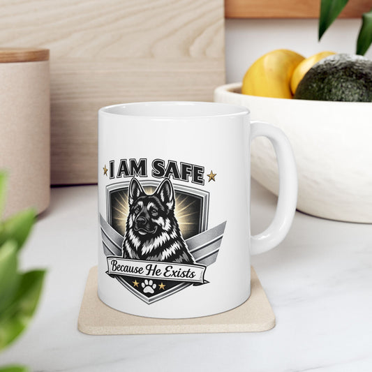 Dog Dad Ceramic Mug — “I Am Safe Because My Dog Protects Me” Military Badge Coffee Cup