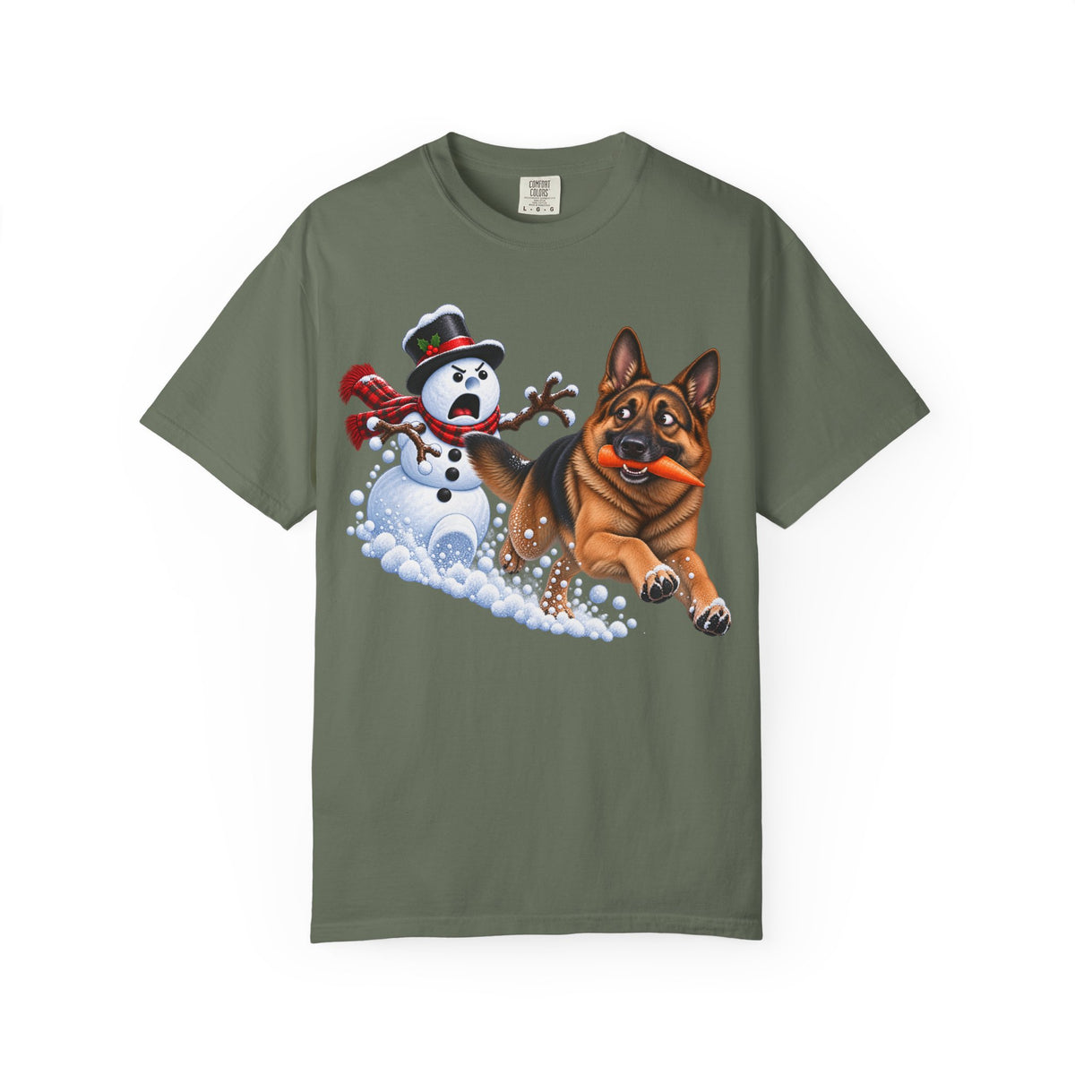 German Shepherd Snowman Carrot Chase T-Shirt – Funny Christmas GSD Shirt