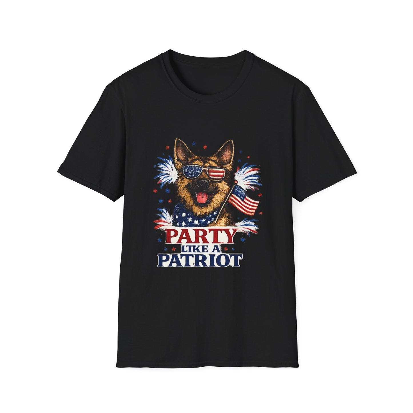 Patriotic German Shepherd Graphic T-Shirt | American Flag Sunglasses, Fireworks