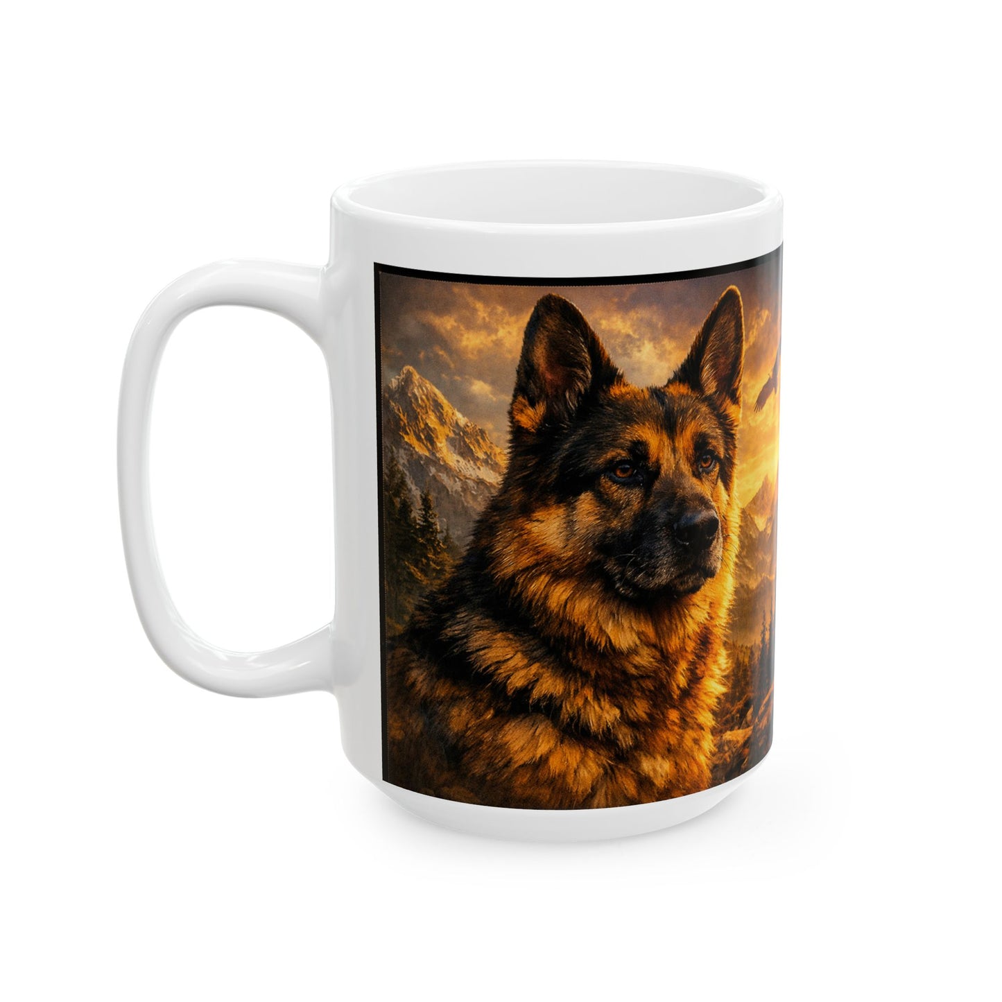 German Shepherd Portrait Mug | Mountain Sunset Landscape, Eagle Silhouette