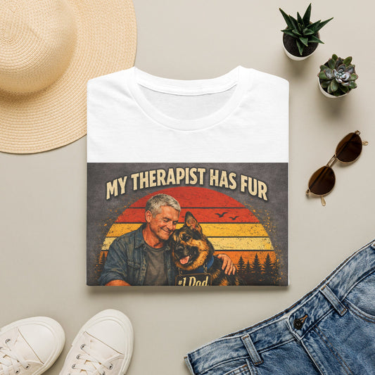 My Therapist Has Fur T-Shirt | Dog Dad Retro Sunset Design