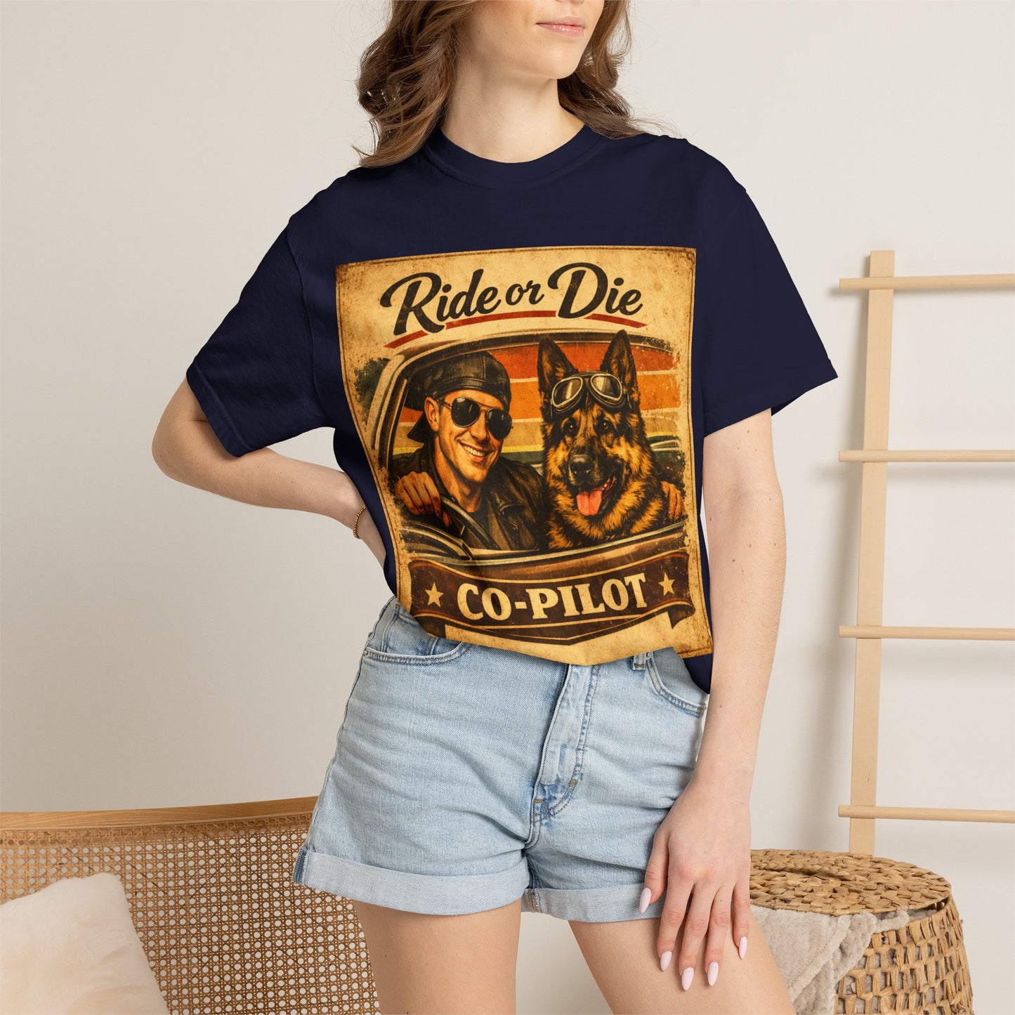 Ride or Die Co-Pilot T-shirt | Retro Driver and German Shepherd Design