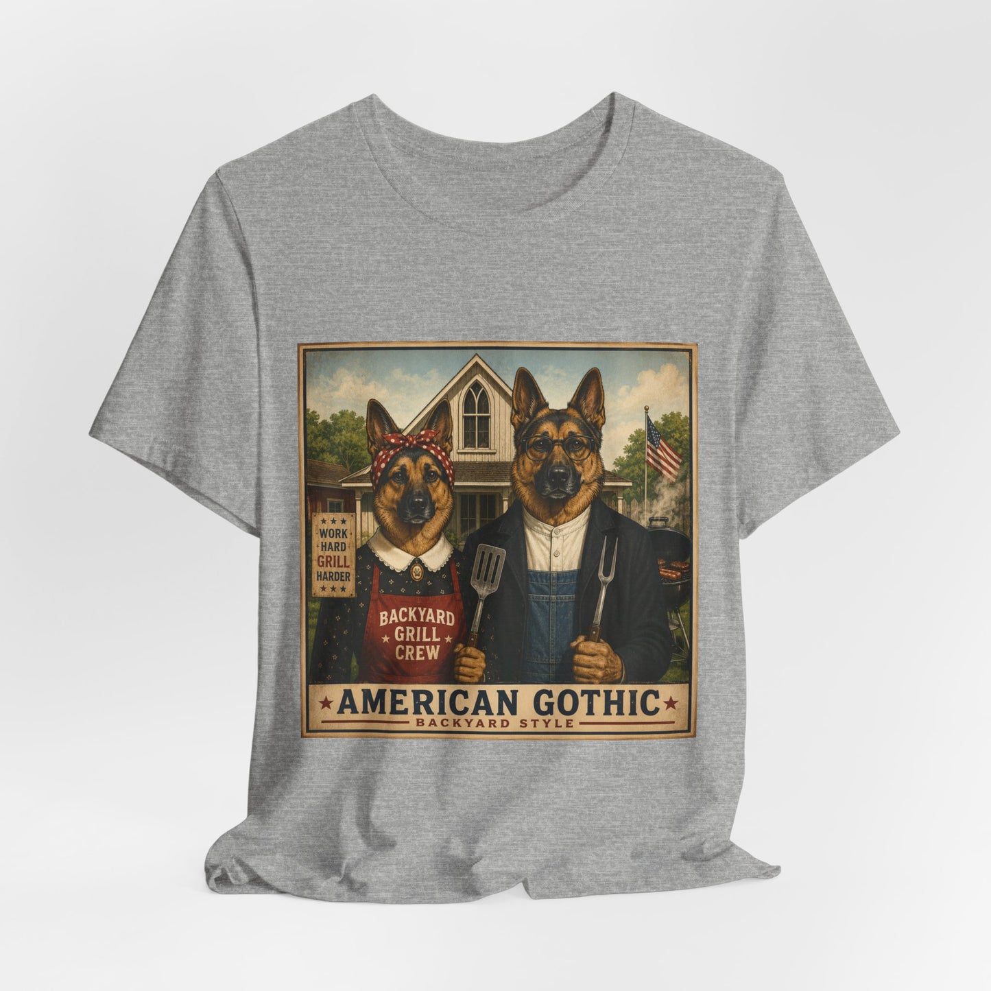 American Gothic – Backyard Style | German Shepherd BBQ T-Shirt