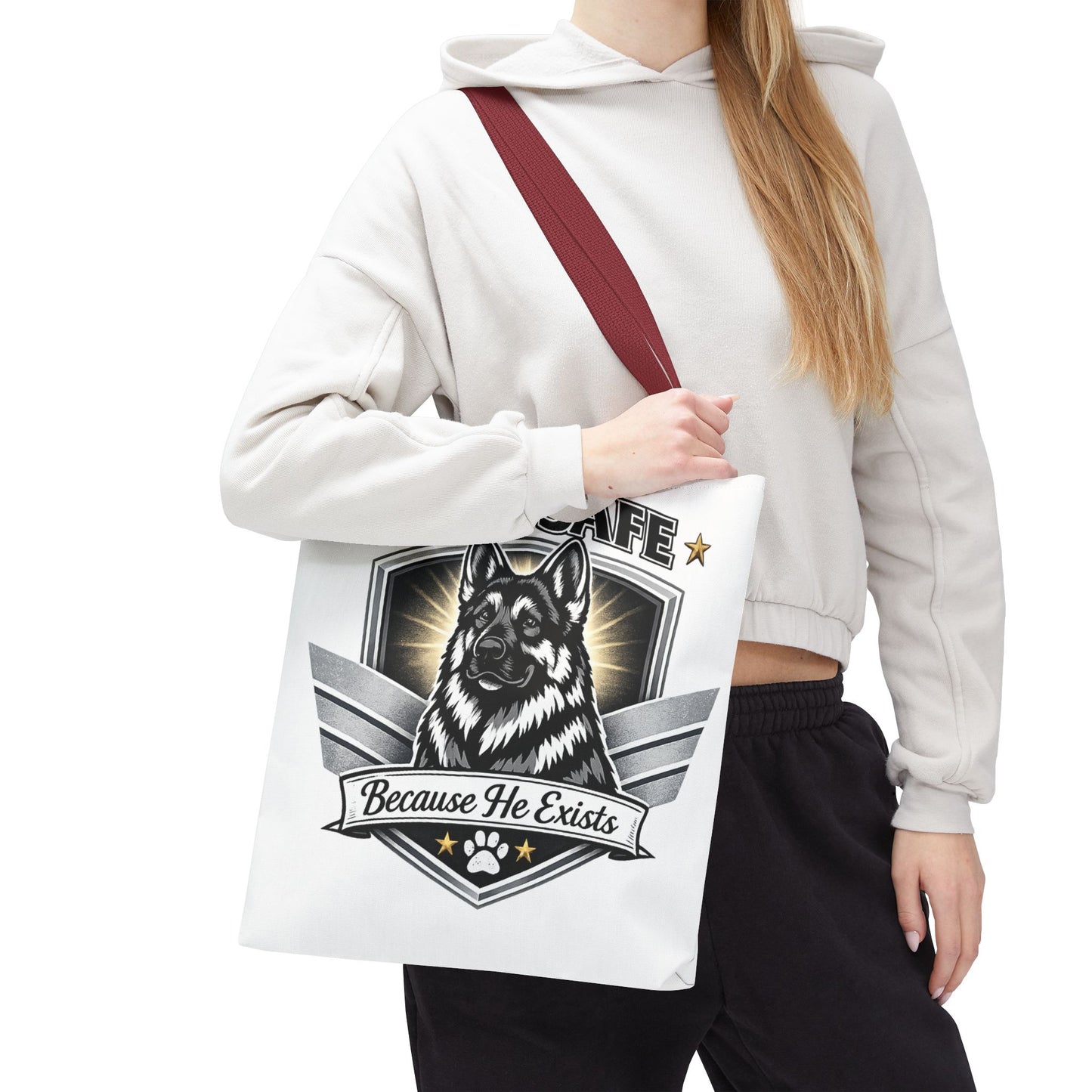 I Am Safe Because He Exists German Shepherd Tote Bag — K9 Protector Dog Lover Gift
