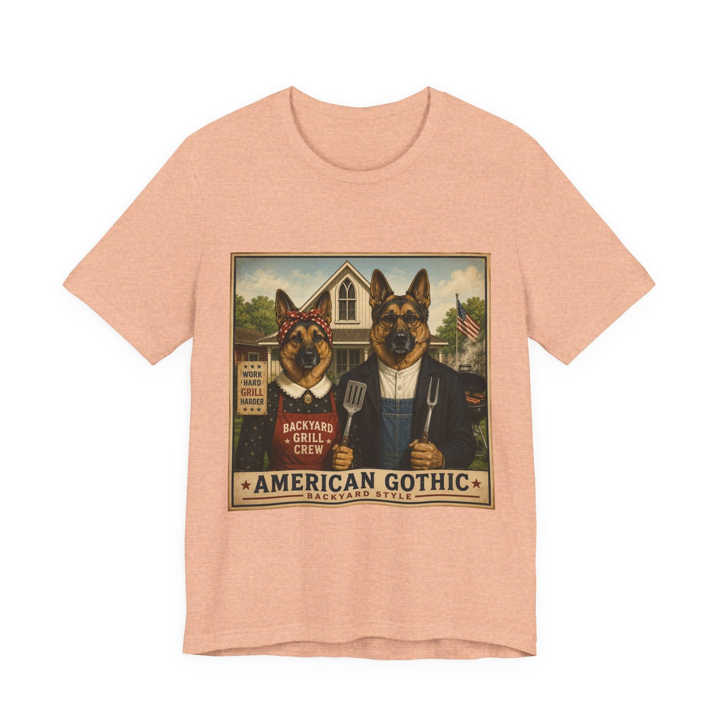 American Gothic – Backyard Style | German Shepherd BBQ T-Shirt