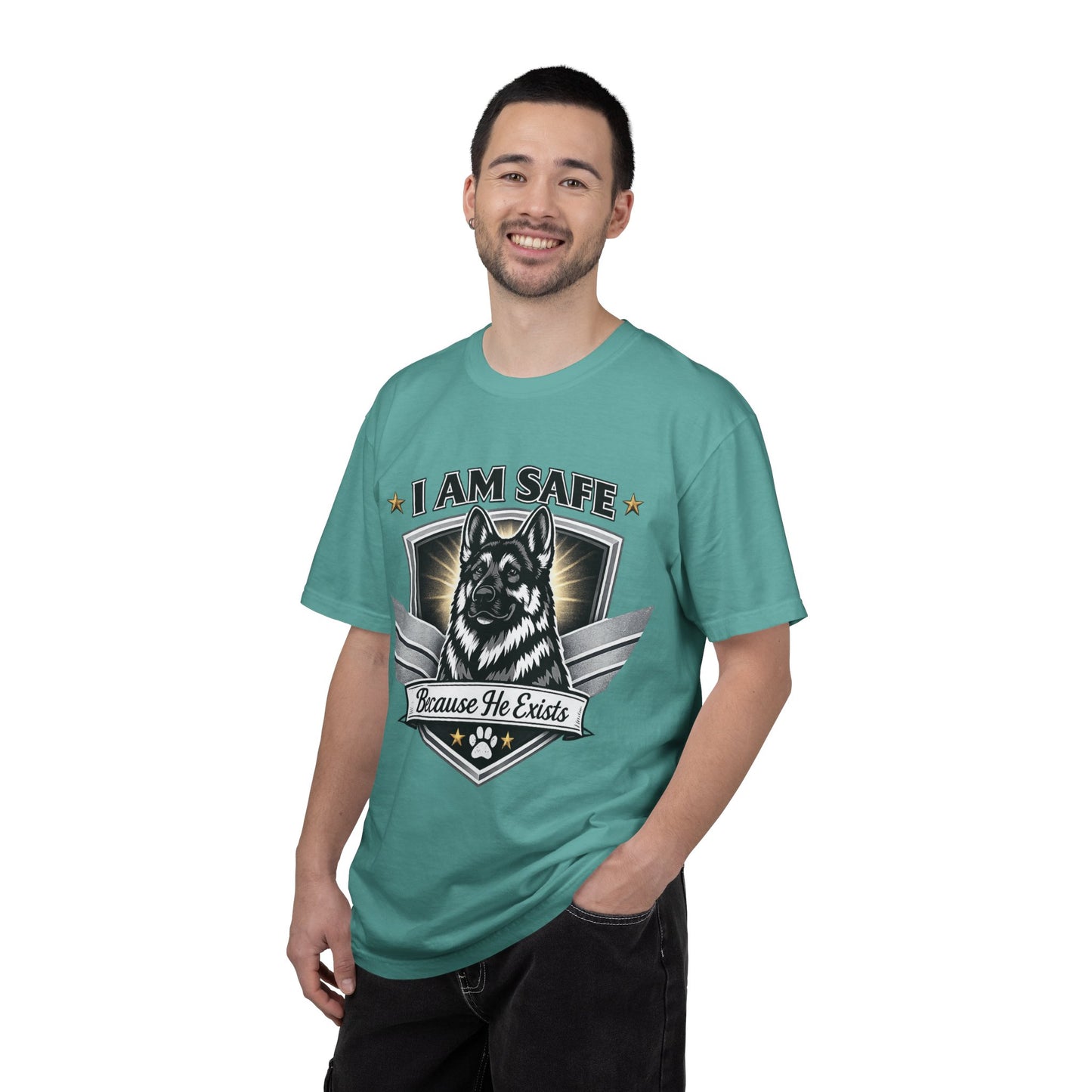 I Am Safe Because He Exists German Shepherd T-Shirt