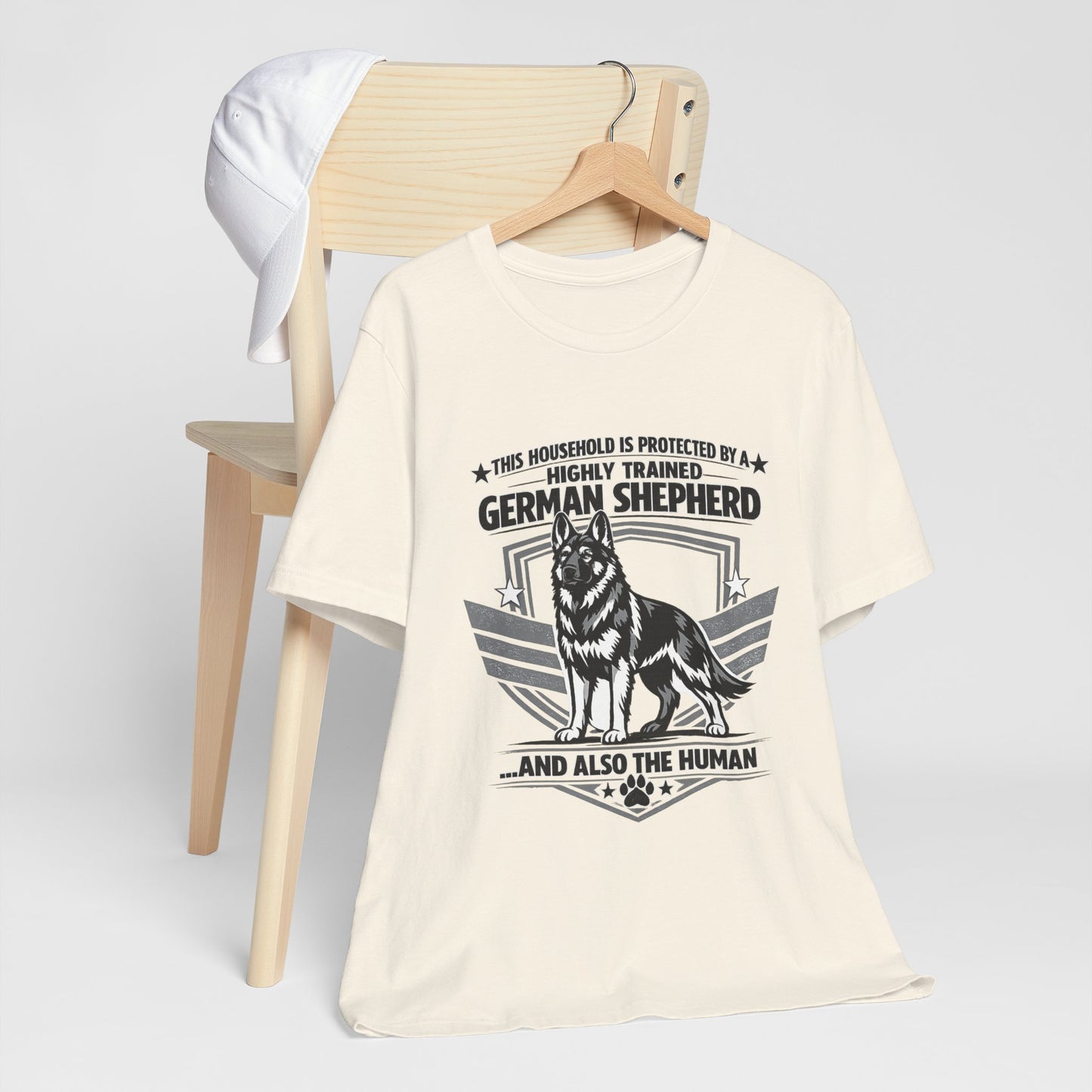 German Shepherd Tee - "This Household is Protected by a Highly Trained German Shepherd (and Also the Human)" Dog Lover Shirt