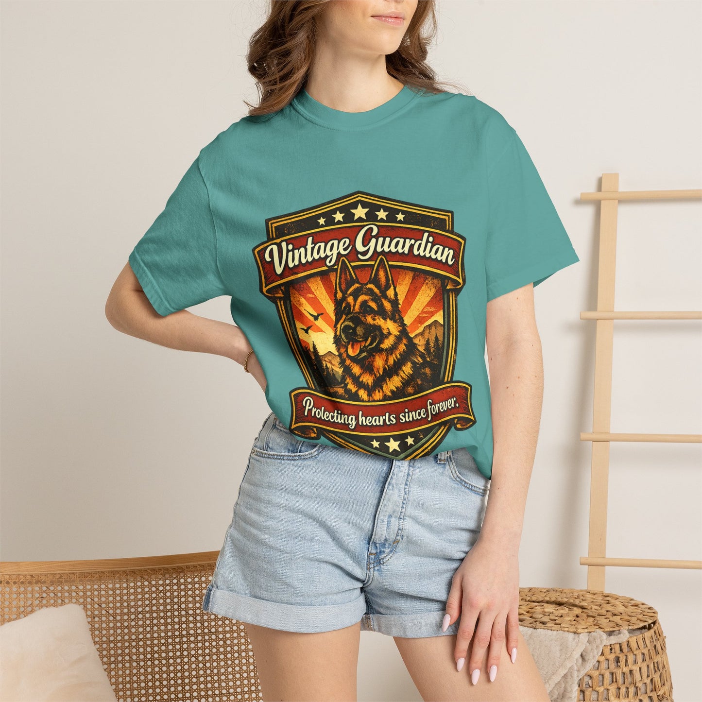 Vintage Guardian German Shepherd T-Shirt | Dog Badge Shield Design