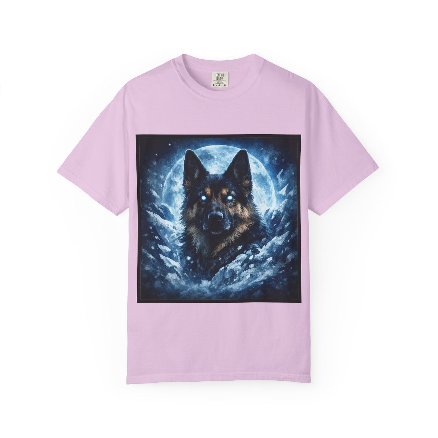 Mystic German Shepherd Moon T-shirt | Glowing Blue German Shepherd Portrait
