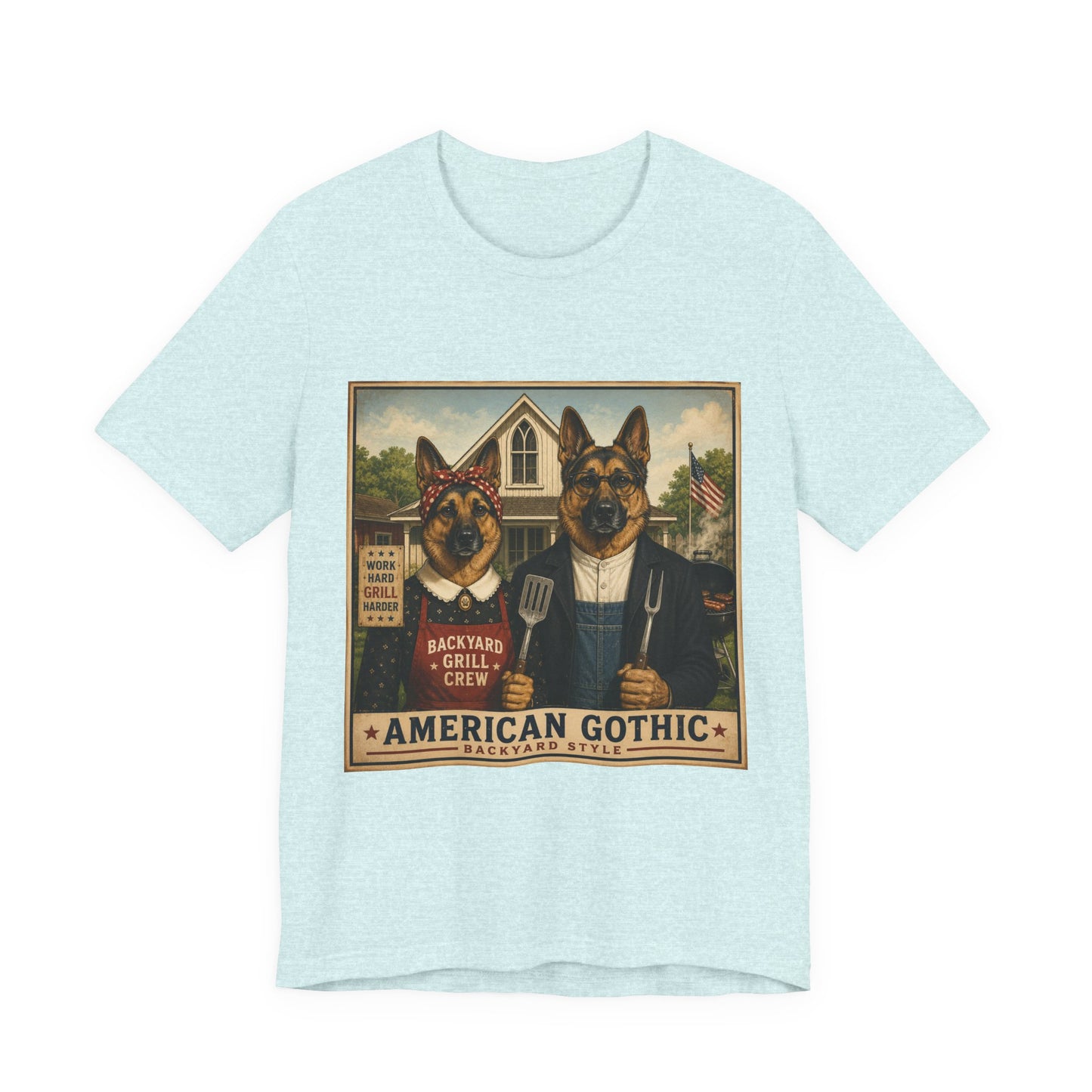 American Gothic – Backyard Style | German Shepherd BBQ T-Shirt