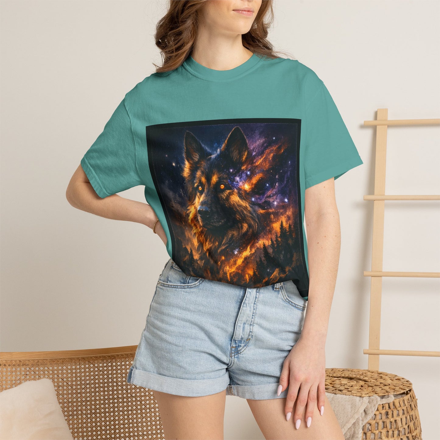 Cosmic German Shepherd Blaze T-Shirt | Galaxy fire Animal Artwork