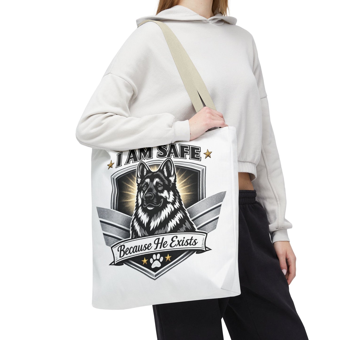 I Am Safe Because He Exists German Shepherd Tote Bag — K9 Protector Dog Lover Gift