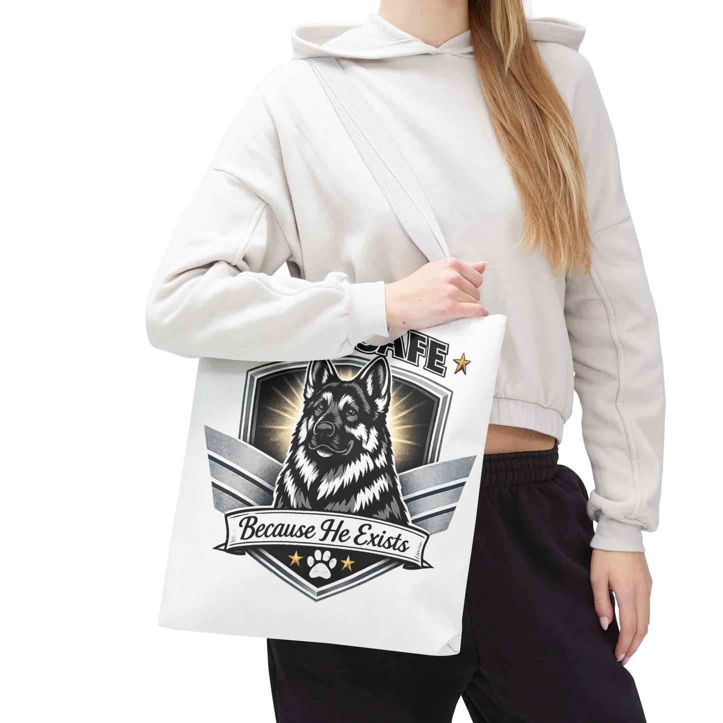 I Am Safe Because He Exists German Shepherd Tote Bag — K9 Protector Dog Lover Gift