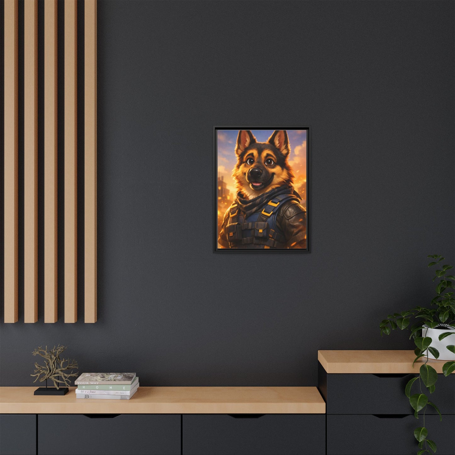 German Shepherd Hero Art – Tactical Dog Character Wall Canvas | Cinematic GSD Decor | Framed Matte Canvas