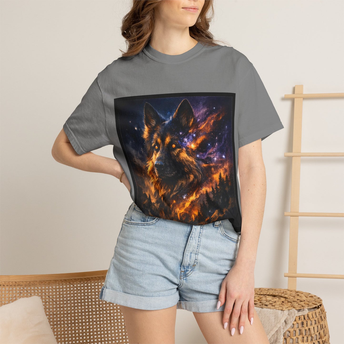 Cosmic German Shepherd Blaze T-Shirt | Galaxy fire Animal Artwork