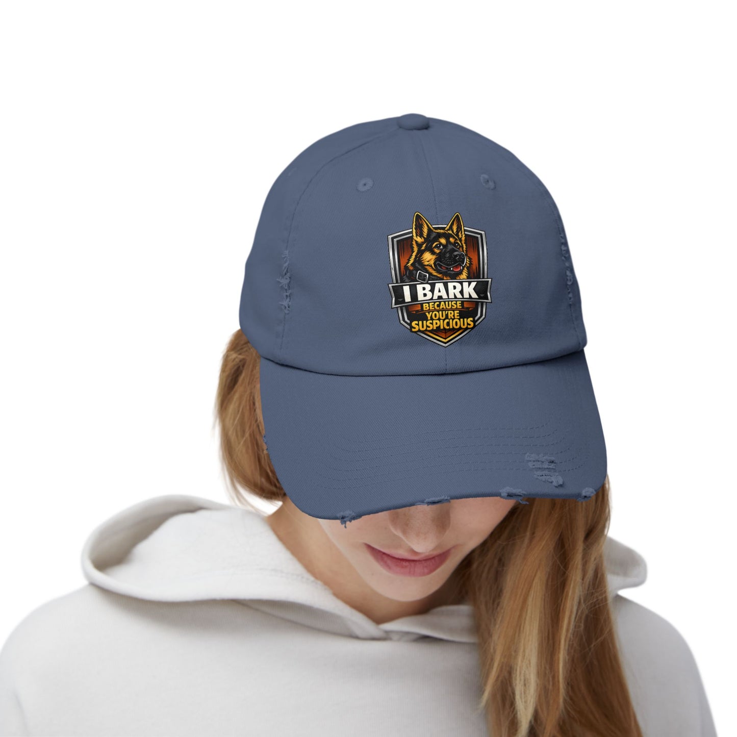 Distressed Cap — “I Bark Because You’re Suspicious” German Shepherd Patrol Hat