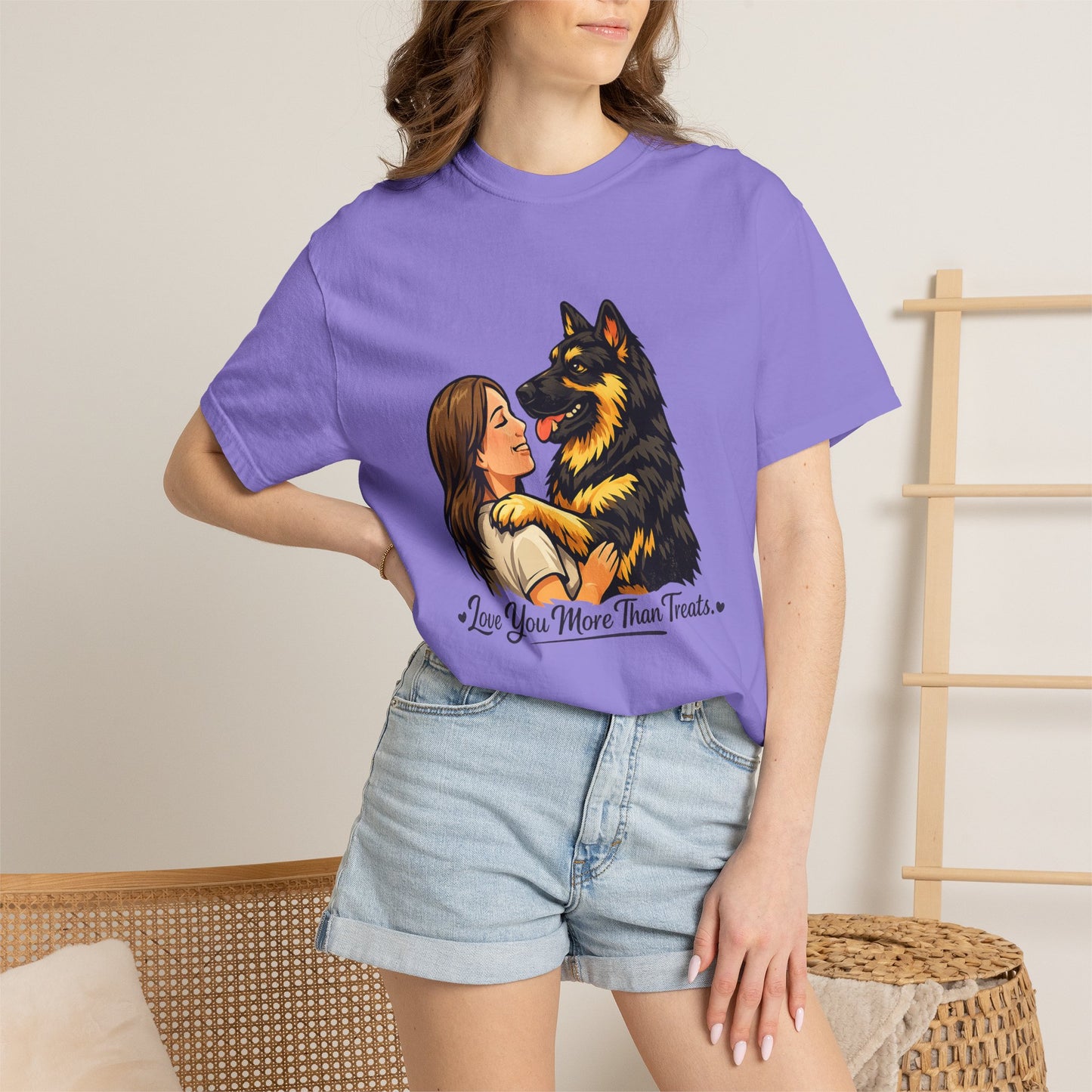 I Love You More Than Treats T-shirt | Girl Hugging German Shepherd Dog