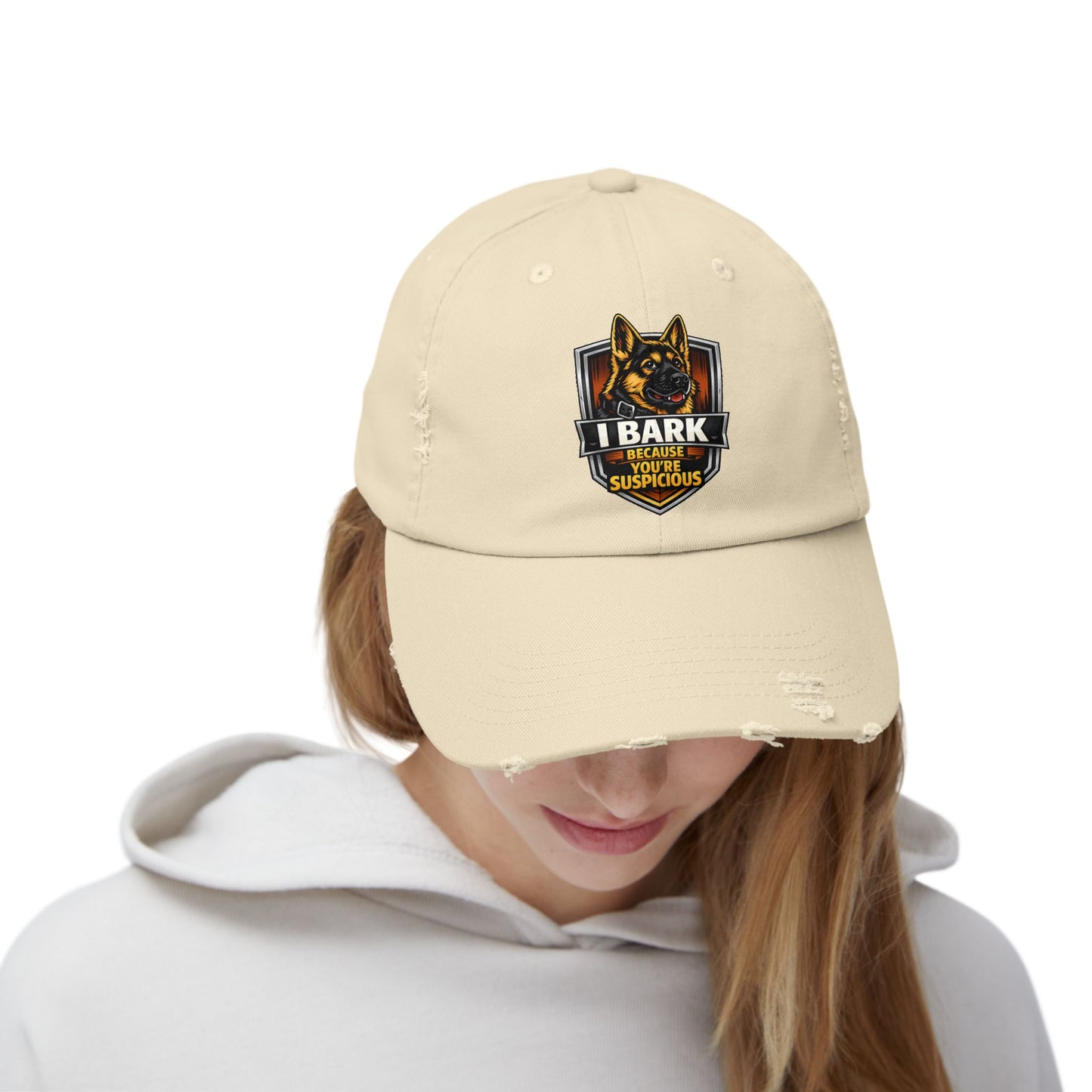 Distressed Cap — “I Bark Because You’re Suspicious” German Shepherd Patrol Hat