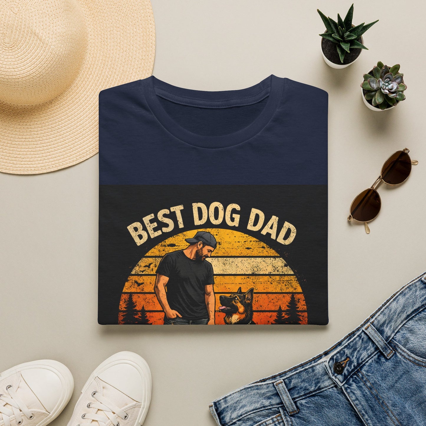 Best Dog Dad T-Shirt | Retro Sunset Dog Dad By My Side Design