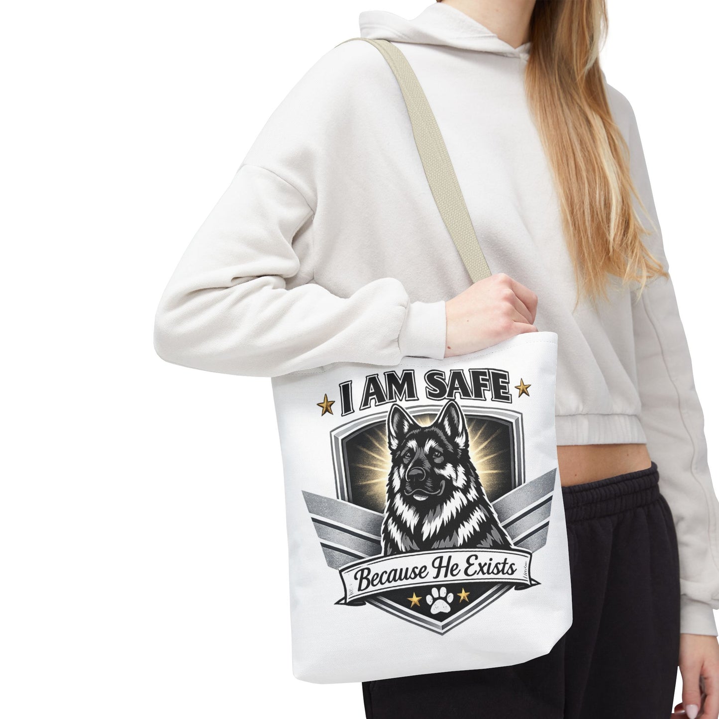 I Am Safe Because He Exists German Shepherd Tote Bag — K9 Protector Dog Lover Gift