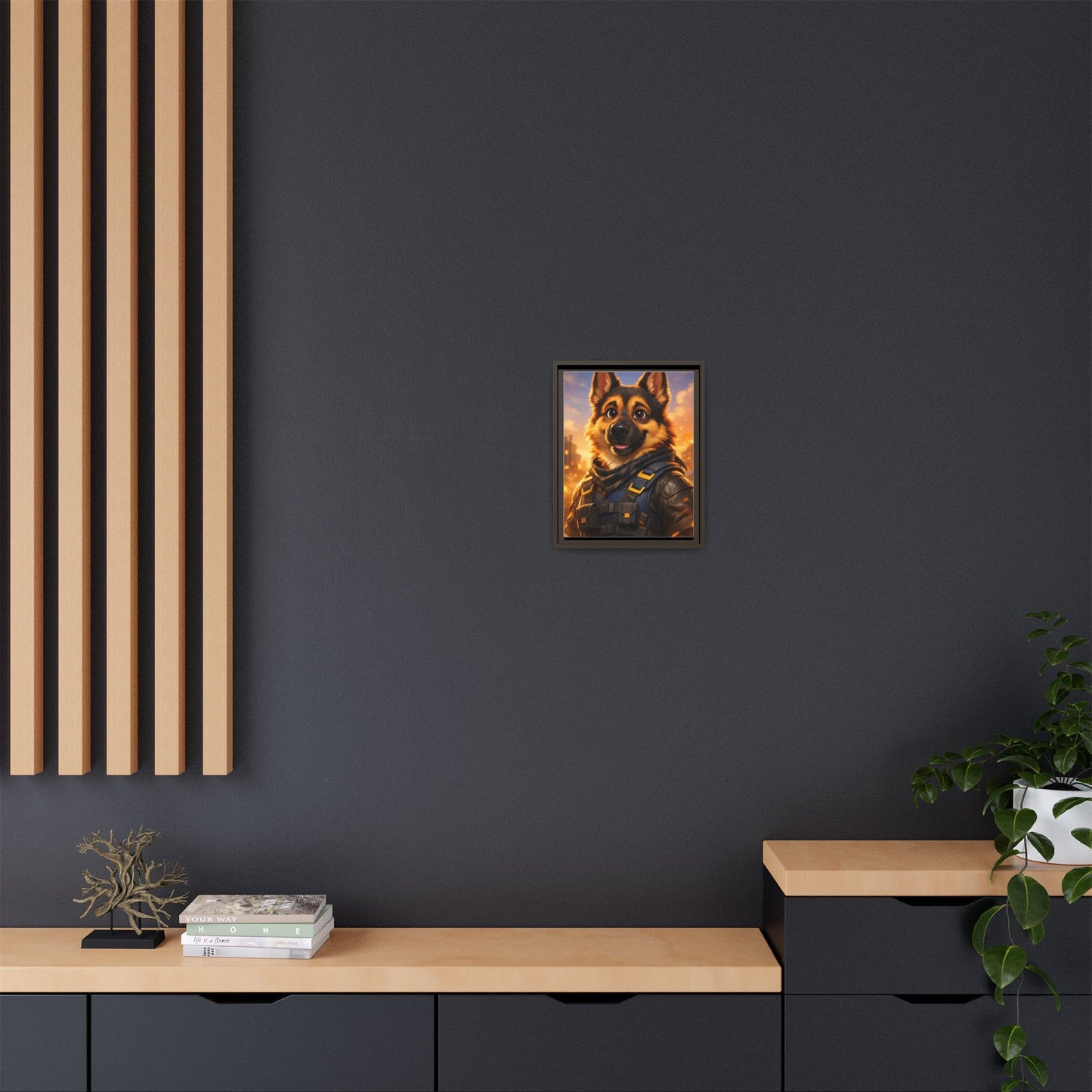 German Shepherd Hero Art – Tactical Dog Character Wall Canvas | Cinematic GSD Decor | Framed Matte Canvas