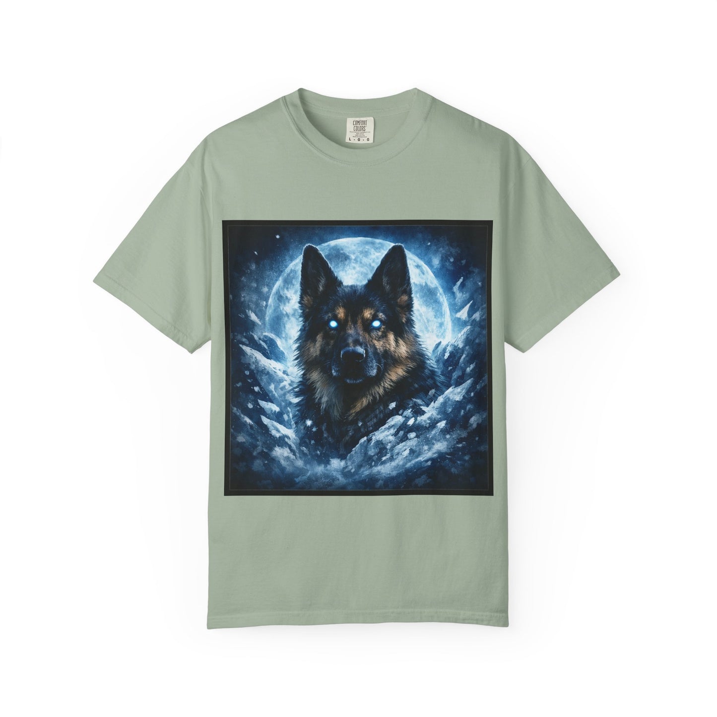 Mystic German Shepherd Moon T-shirt | Glowing Blue German Shepherd Portrait