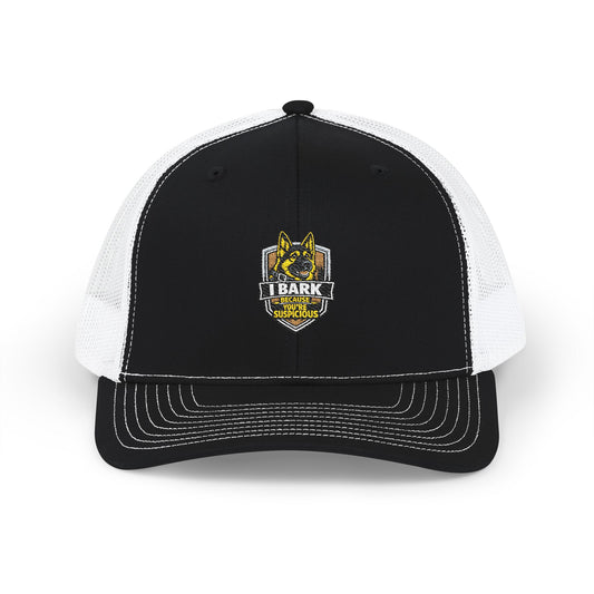 Trucker Cap – “I Bark Because You’re Suspicious” German Shepherd Crest Snapback