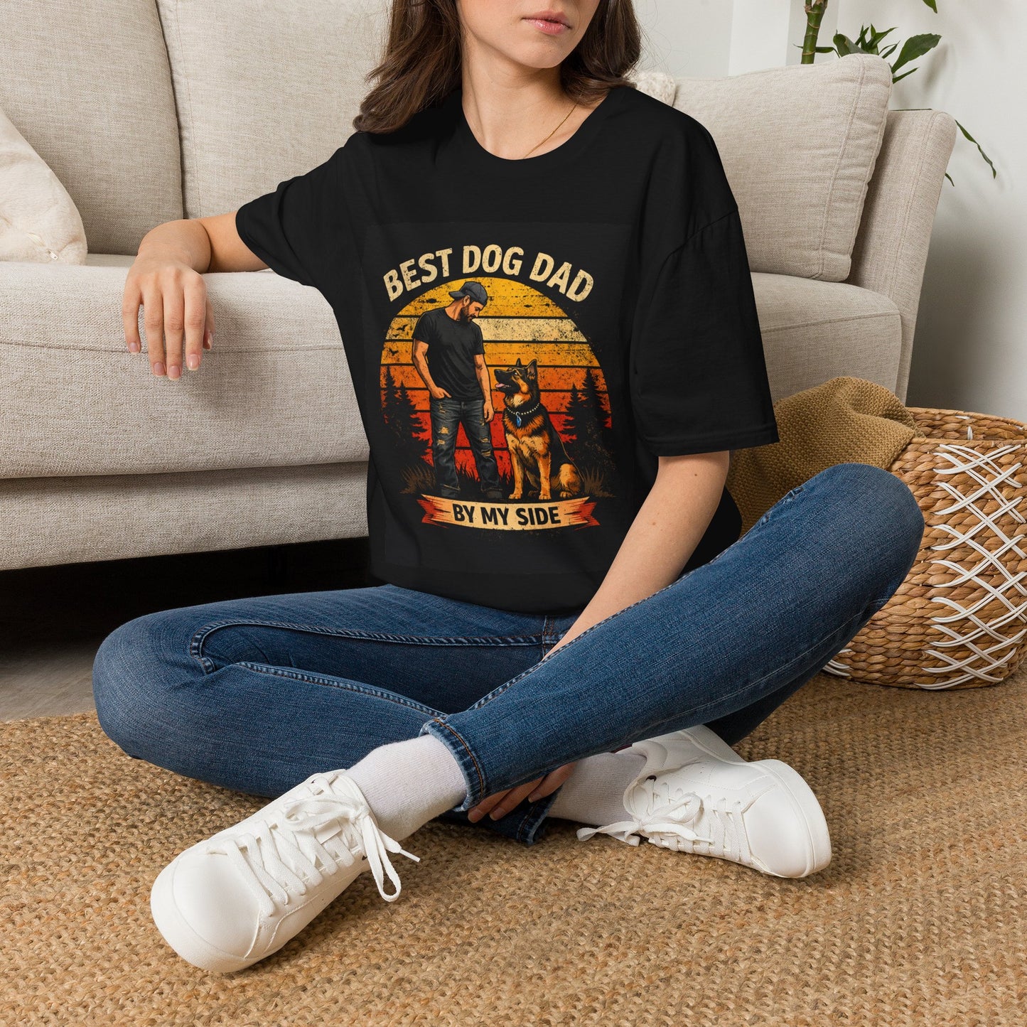 Best Dog Dad T-Shirt | Retro Sunset Dog Dad By My Side Design