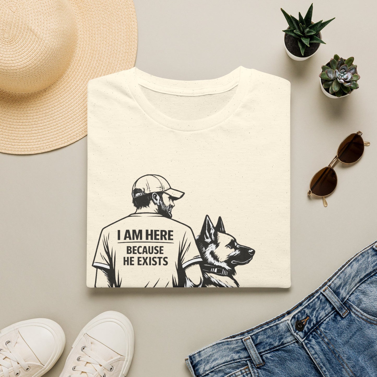 Dog Dad T‑Shirt — "I Am Here Because He Exists" Graphic Tee for German Shepherd Lovers